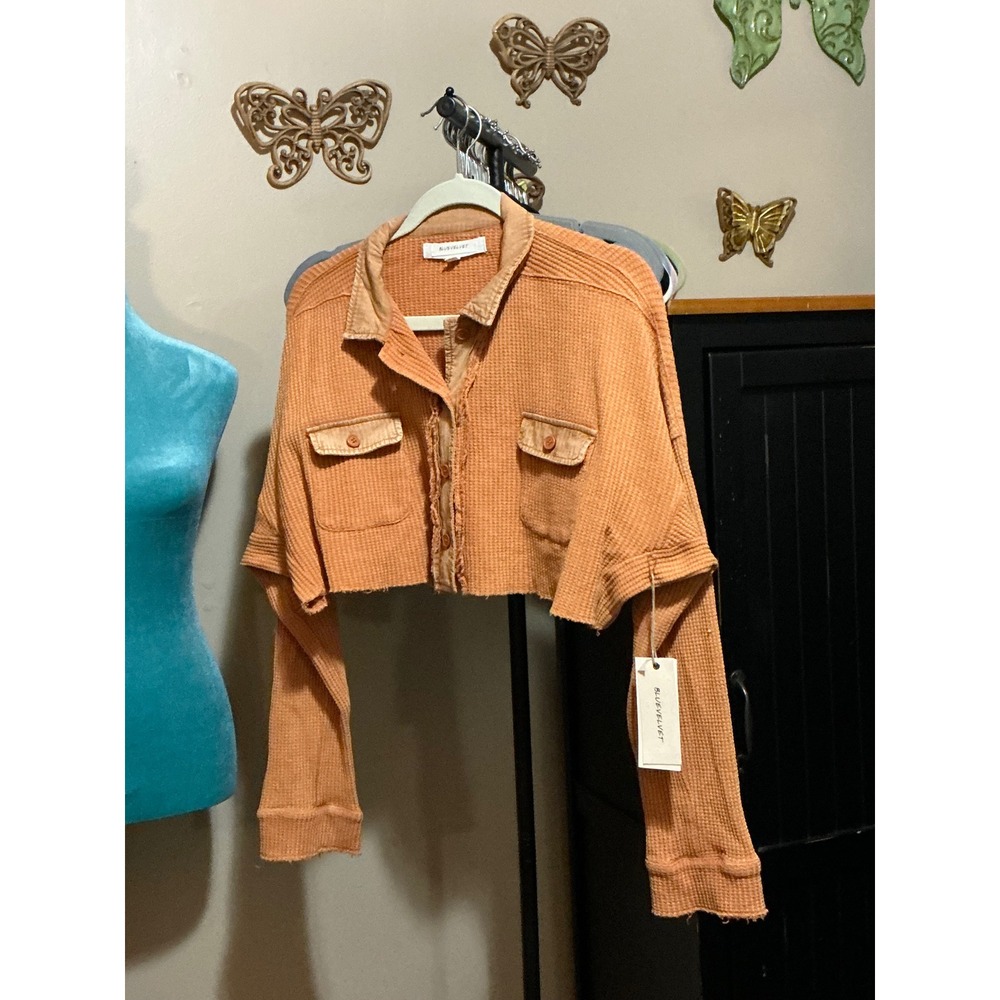 Blue Velvet Terracotta Orange Waffle Knit Cropped Shacket Button Front Small NWT